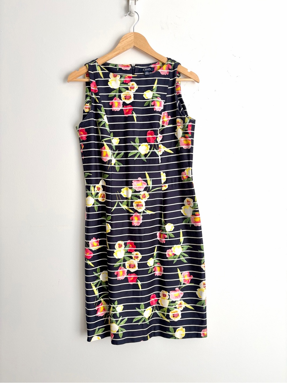 Chaps Navy Floral Stripe Cotton Sheath Dress Coastal Preppy 10